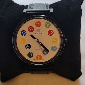 Vintage Giordano Quartz wrist watch black Band multi-colored face